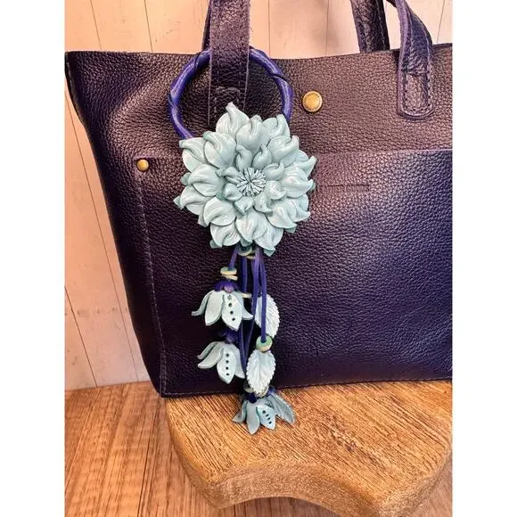 Leather Flower Purse Charm Genuine Leather Blue Mum Dahlia Bag Charm NeW! - Picture 2 of 5